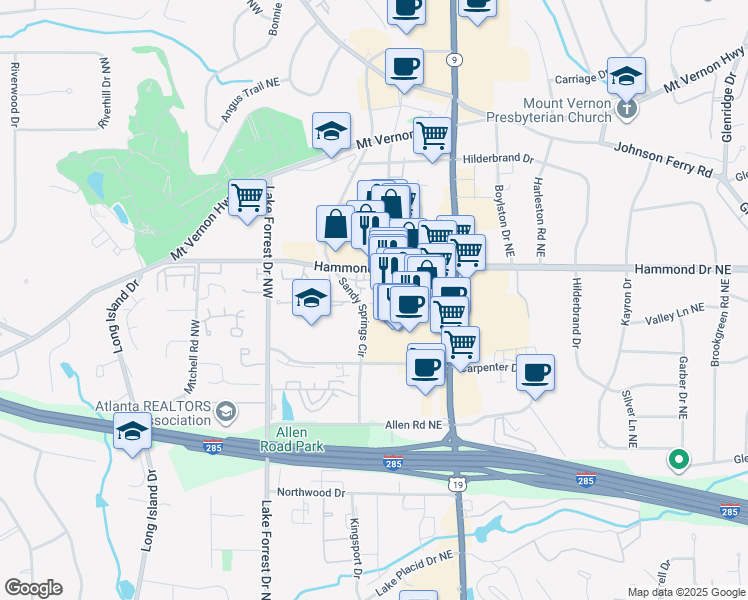 map of restaurants, bars, coffee shops, grocery stores, and more near 218 Le Gran View Northeast in Atlanta
