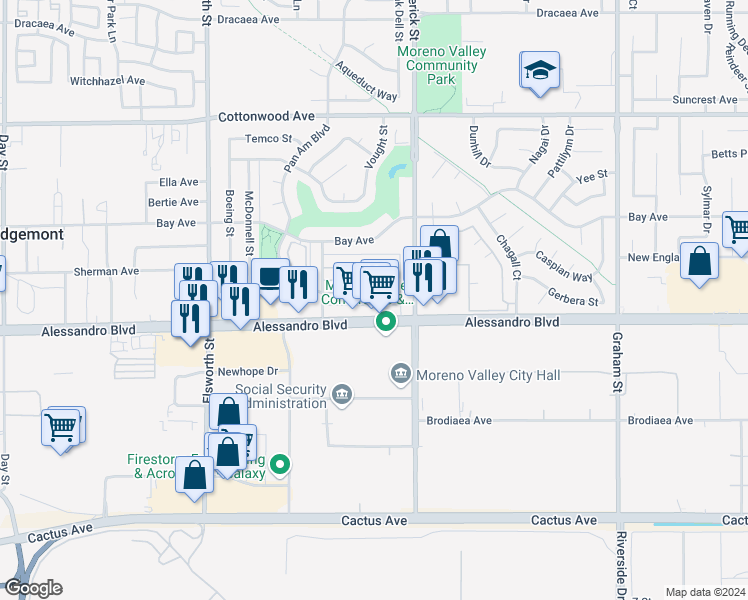 map of restaurants, bars, coffee shops, grocery stores, and more near 22913 Adrienne Avenue in Moreno Valley