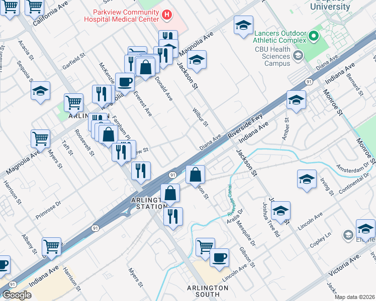 map of restaurants, bars, coffee shops, grocery stores, and more near 9246 Martha Way in Riverside