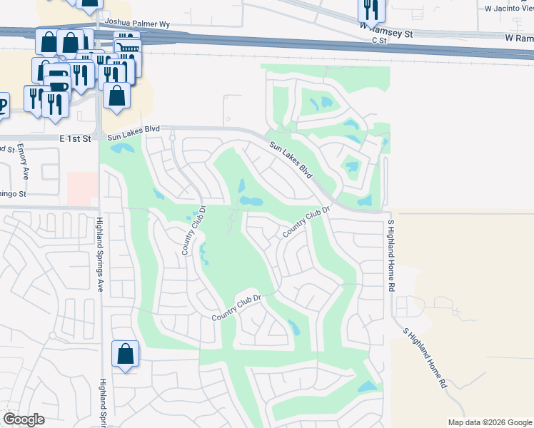map of restaurants, bars, coffee shops, grocery stores, and more near 5401 West Palmer Drive in Banning