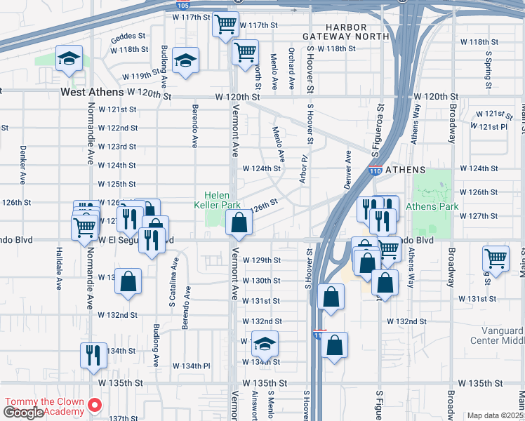 map of restaurants, bars, coffee shops, grocery stores, and more near 816 West 126th Street in Los Angeles