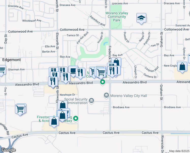 map of restaurants, bars, coffee shops, grocery stores, and more near 22869 Adrienne Avenue in Moreno Valley