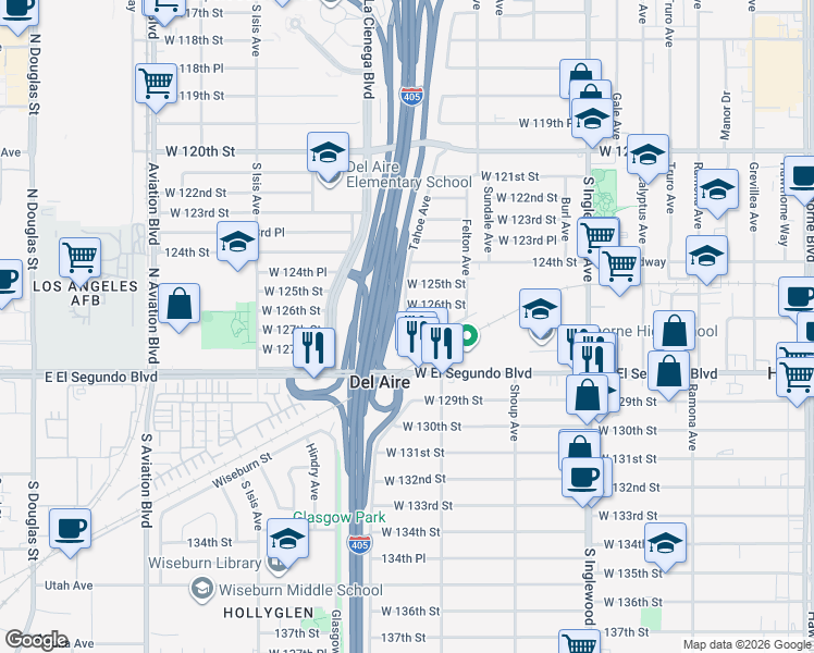 map of restaurants, bars, coffee shops, grocery stores, and more near 12621 Costa Drive in Hawthorne
