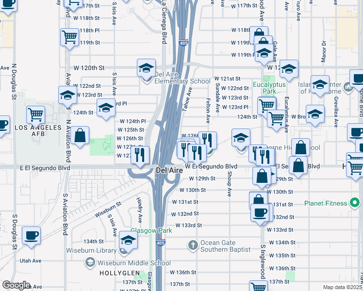map of restaurants, bars, coffee shops, grocery stores, and more near 12621 Costa Drive in Hawthorne