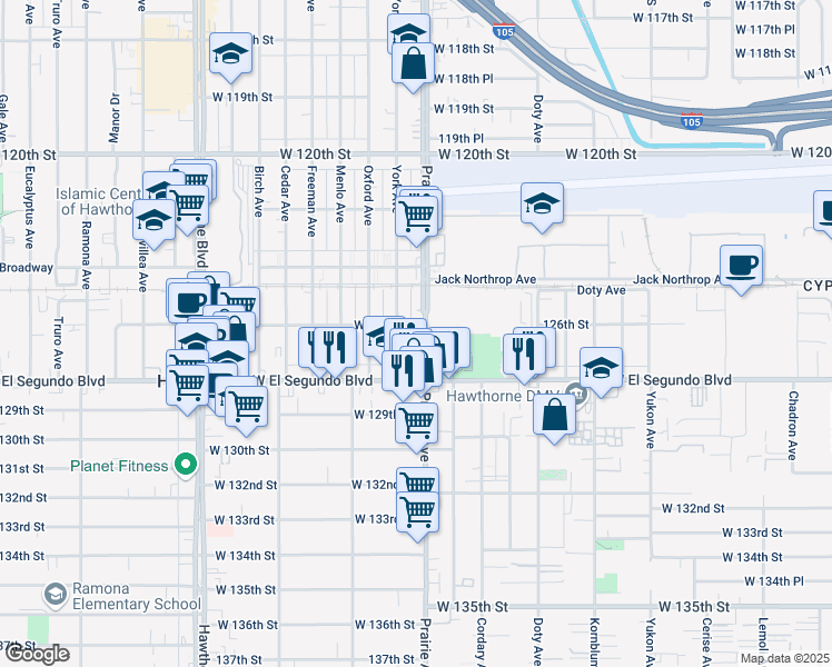 map of restaurants, bars, coffee shops, grocery stores, and more near 12611 Prairie Avenue in Hawthorne