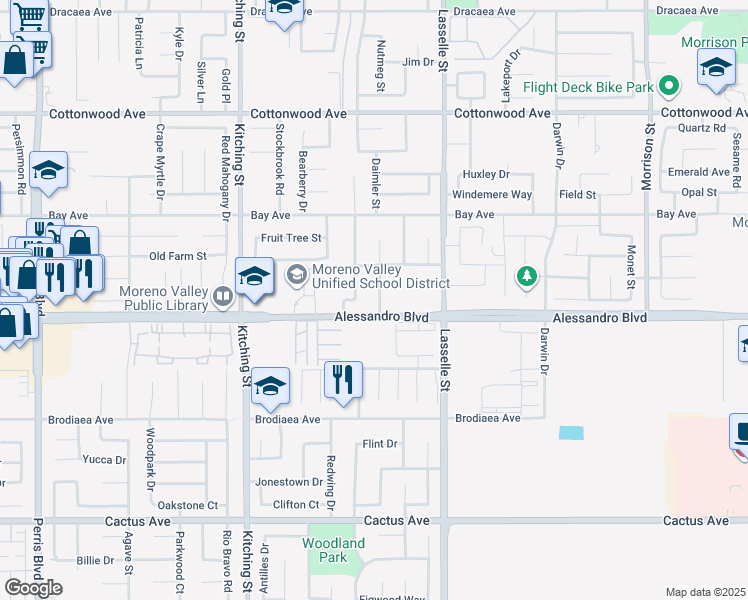 map of restaurants, bars, coffee shops, grocery stores, and more near 13968 Chervil Court in Moreno Valley