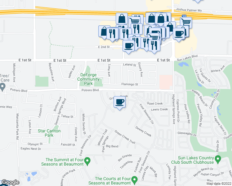 map of restaurants, bars, coffee shops, grocery stores, and more near 106 Blackberry Creek in Beaumont