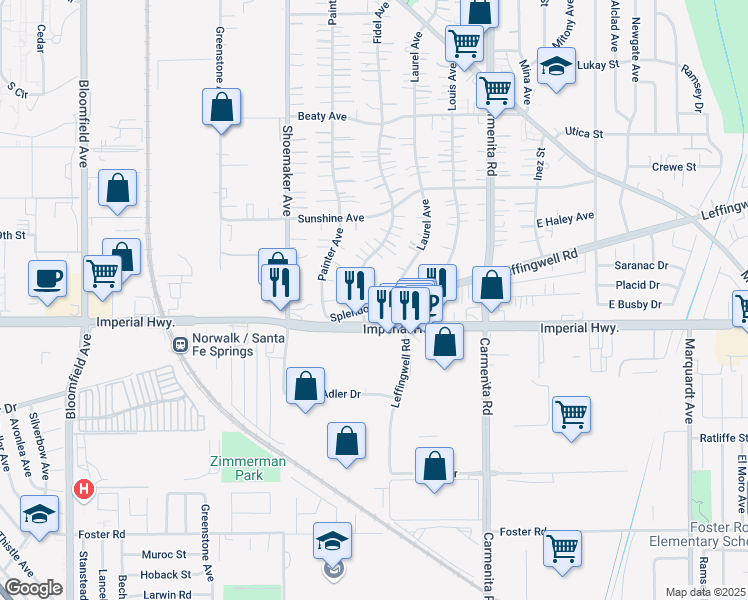map of restaurants, bars, coffee shops, grocery stores, and more near 13163 Splendora Avenue in Whittier