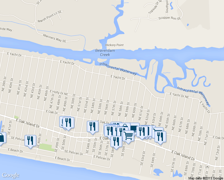 map of restaurants, bars, coffee shops, grocery stores, and more near 320 Northeast 56th Street in Oak Island