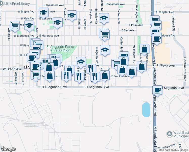 map of restaurants, bars, coffee shops, grocery stores, and more near 1001 East Franklin Avenue in El Segundo