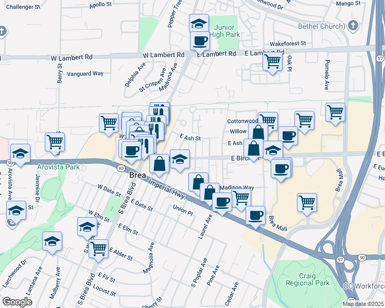 map of restaurants, bars, coffee shops, grocery stores, and more near 145 South Redwood Avenue in Brea