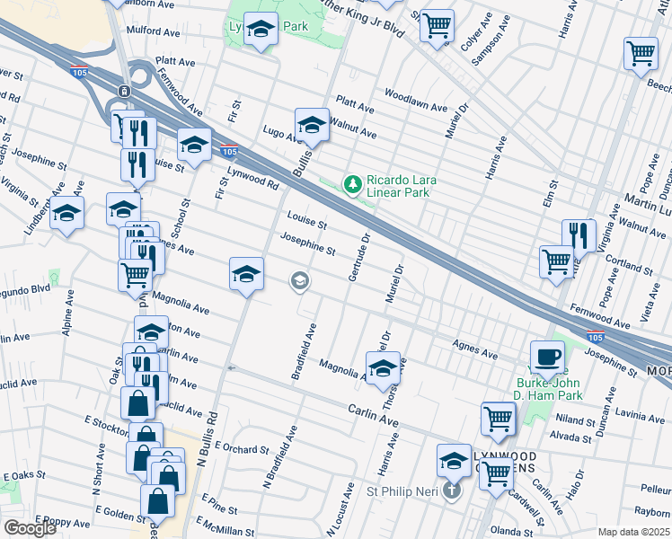 map of restaurants, bars, coffee shops, grocery stores, and more near 3935 Virginia Avenue in Lynwood