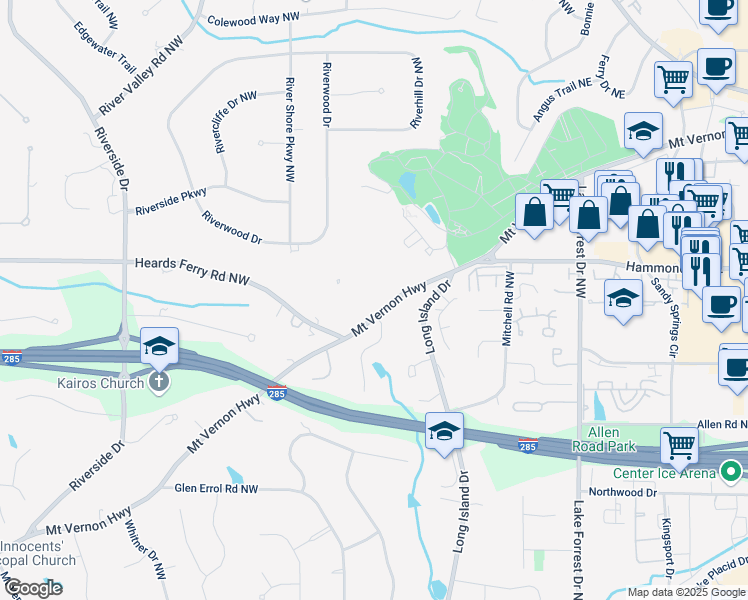 map of restaurants, bars, coffee shops, grocery stores, and more near 261 Mount Vernon Highway in Atlanta