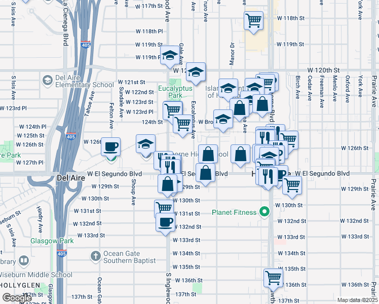 map of restaurants, bars, coffee shops, grocery stores, and more near 12617 Eucalyptus Avenue in Hawthorne