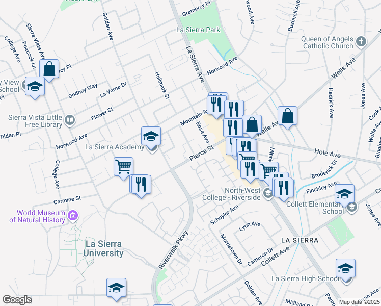 map of restaurants, bars, coffee shops, grocery stores, and more near 11225 Pierce Street in Riverside