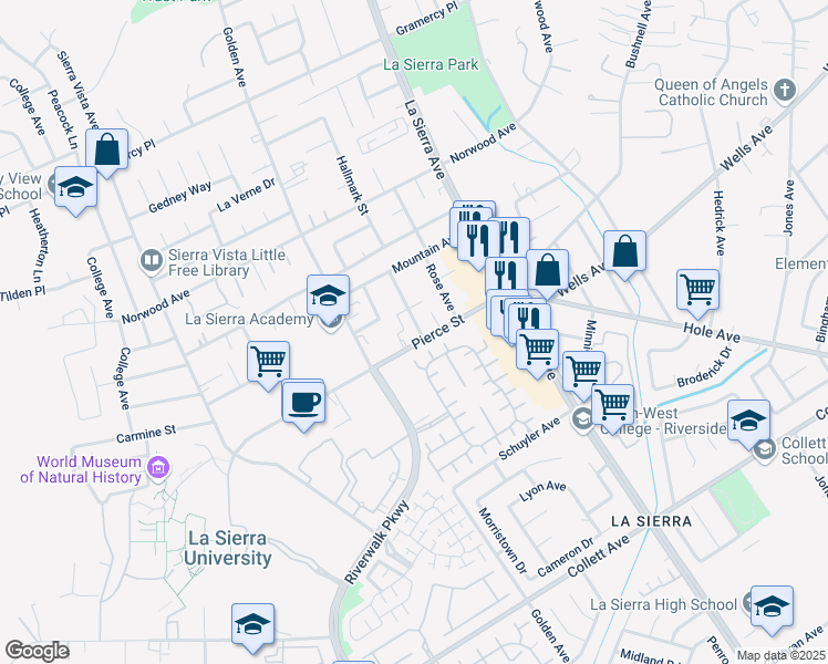 map of restaurants, bars, coffee shops, grocery stores, and more near 11253 Pierce Street in Riverside