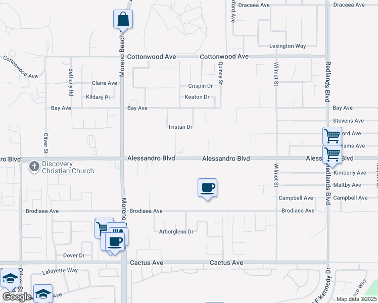 map of restaurants, bars, coffee shops, grocery stores, and more near 28302 Alessandro Boulevard in Moreno Valley