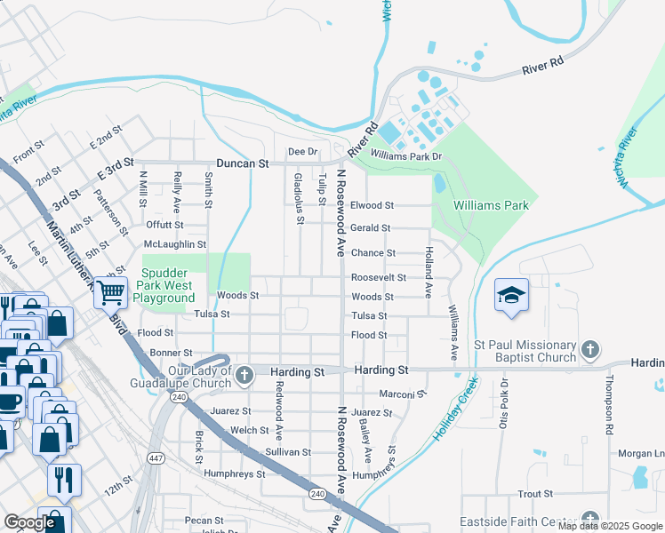 map of restaurants, bars, coffee shops, grocery stores, and more near 1206 North Rosewood Avenue in Wichita Falls
