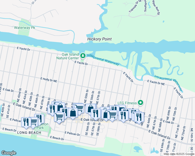 map of restaurants, bars, coffee shops, grocery stores, and more near 320 Northeast 56th Street in Oak Island