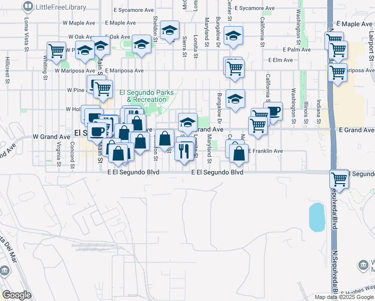 map of restaurants, bars, coffee shops, grocery stores, and more near 735 East Franklin Avenue in El Segundo