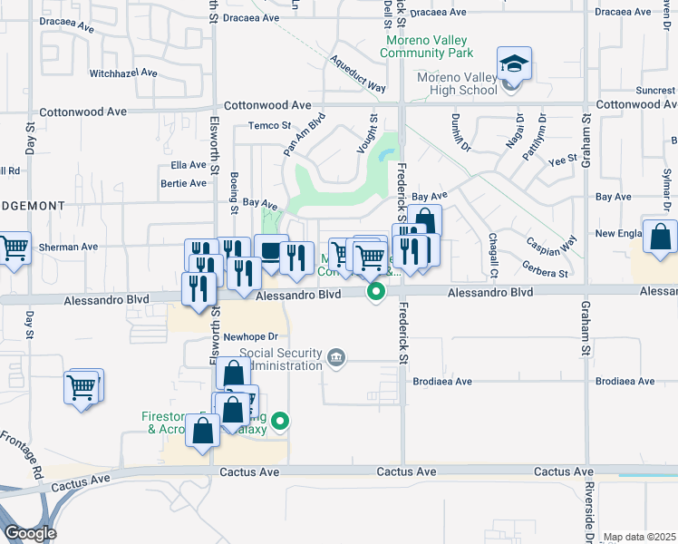 map of restaurants, bars, coffee shops, grocery stores, and more near 22839 Adrienne Avenue in Moreno Valley