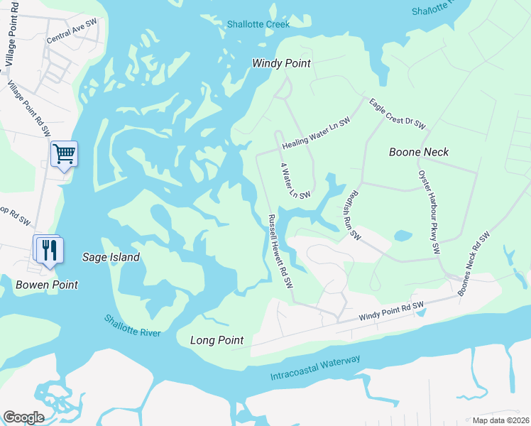 map of restaurants, bars, coffee shops, grocery stores, and more near 1889 Russell Hewett Road Southwest in Brunswick