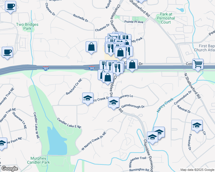 map of restaurants, bars, coffee shops, grocery stores, and more near 4360 Chamblee Dunwoody Road in Atlanta