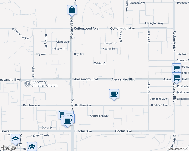 map of restaurants, bars, coffee shops, grocery stores, and more near 28196 Alessandro Boulevard in Moreno Valley