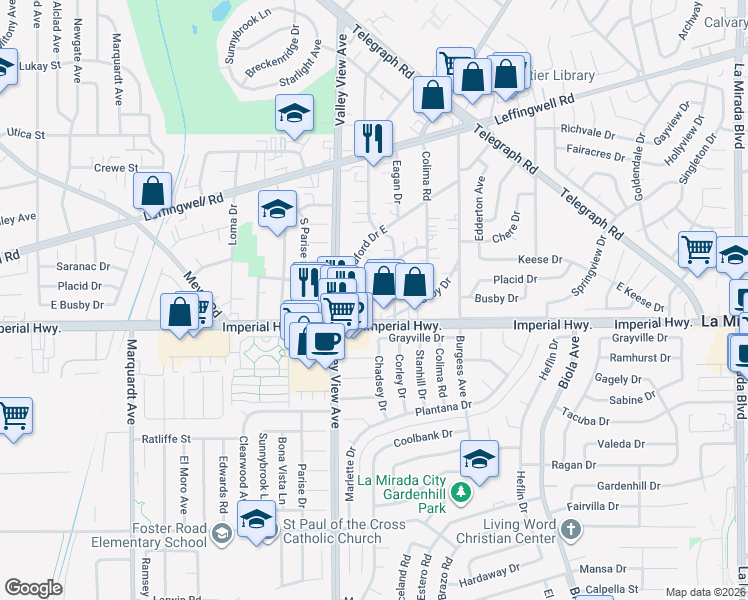 map of restaurants, bars, coffee shops, grocery stores, and more near 14276 Keese Drive in Whittier