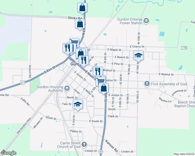 map of restaurants, bars, coffee shops, grocery stores, and more near 423 East Main Street in Gurdon