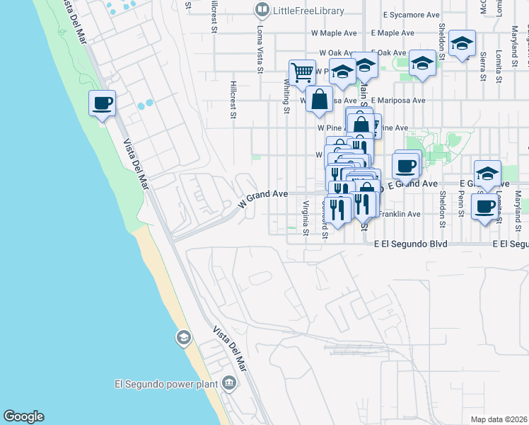 map of restaurants, bars, coffee shops, grocery stores, and more near 201 Loma Vista Street in El Segundo