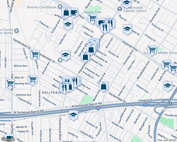 map of restaurants, bars, coffee shops, grocery stores, and more near 8034 Cheyenne Avenue in Downey