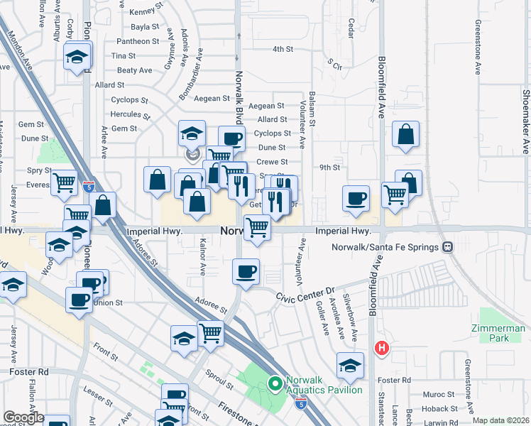 map of restaurants, bars, coffee shops, grocery stores, and more near 12257 Imperial Highway in Norwalk
