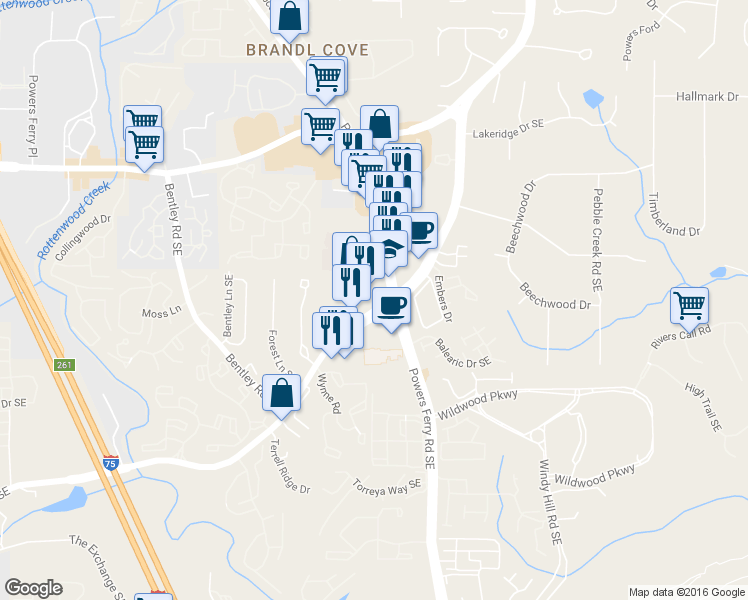 map of restaurants, bars, coffee shops, grocery stores, and more near 1410 Terrell Mill Rd in Marietta