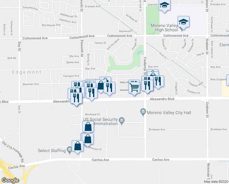 map of restaurants, bars, coffee shops, grocery stores, and more near 13961 Courage Street in Moreno Valley