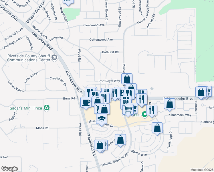 map of restaurants, bars, coffee shops, grocery stores, and more near 7328 Barnstable Place in Riverside