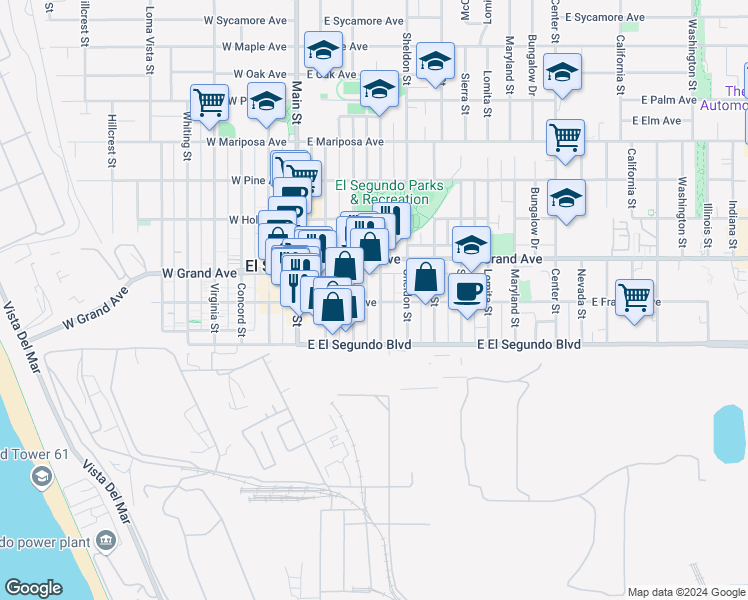 map of restaurants, bars, coffee shops, grocery stores, and more near 315 East Franklin Avenue in El Segundo