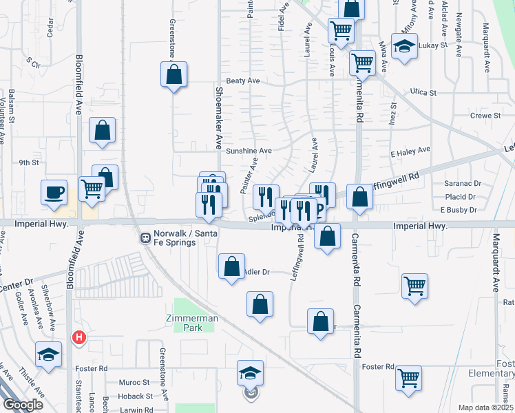 map of restaurants, bars, coffee shops, grocery stores, and more near 12433 Fidel Avenue in Whittier