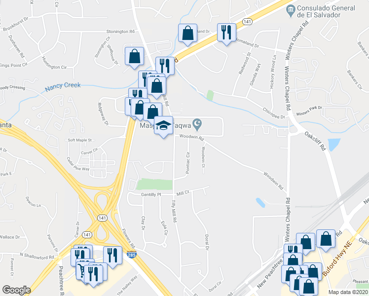 map of restaurants, bars, coffee shops, grocery stores, and more near 2841 Pontiac Circle in Doraville