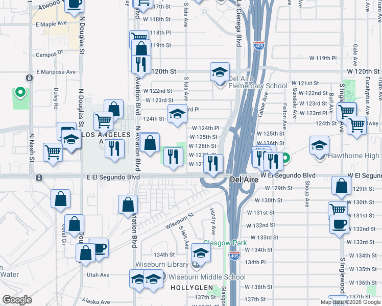 map of restaurants, bars, coffee shops, grocery stores, and more near 5355 West 127th Street in Hawthorne