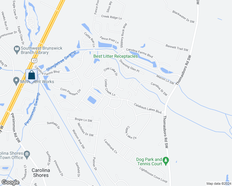 map of restaurants, bars, coffee shops, grocery stores, and more near 3020 Cedar Creek Lane in Calabash