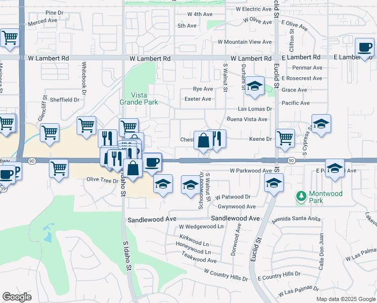 map of restaurants, bars, coffee shops, grocery stores, and more near 701 West Imperial Highway in La Habra