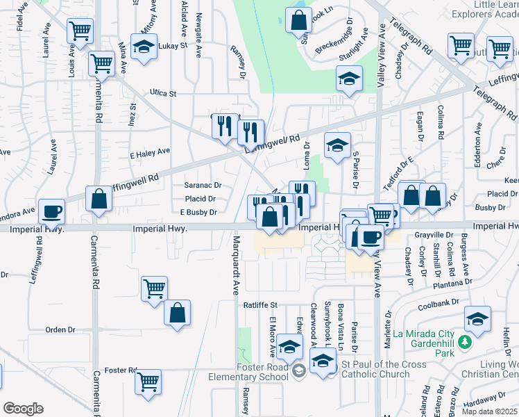 map of restaurants, bars, coffee shops, grocery stores, and more near 12407 Duffield Avenue in Whittier