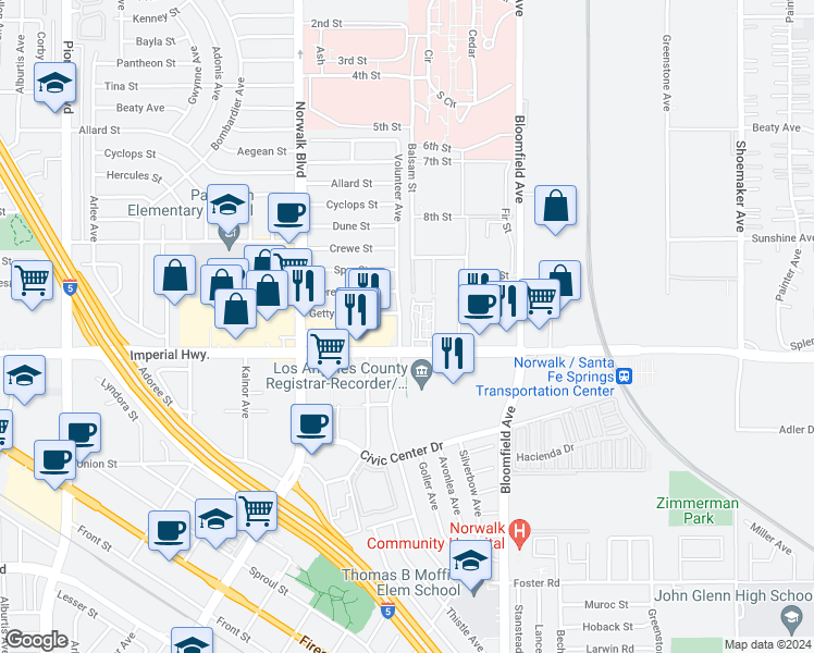 map of restaurants, bars, coffee shops, grocery stores, and more near 12512 Volunteer Avenue in Norwalk