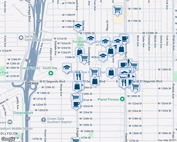 map of restaurants, bars, coffee shops, grocery stores, and more near 12615 Eucalyptus Avenue in Hawthorne
