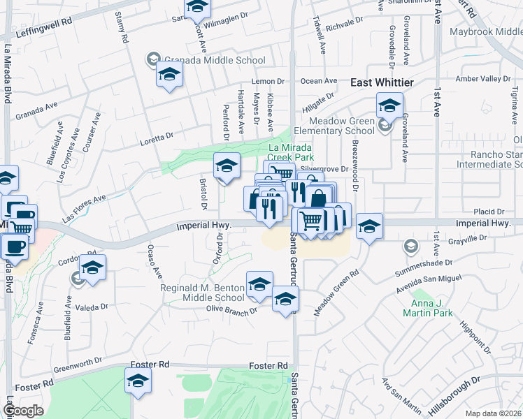 map of restaurants, bars, coffee shops, grocery stores, and more near 12408 La Pomelo Road in La Mirada