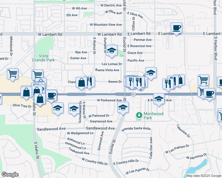 map of restaurants, bars, coffee shops, grocery stores, and more near 287 Vista Drive in La Habra