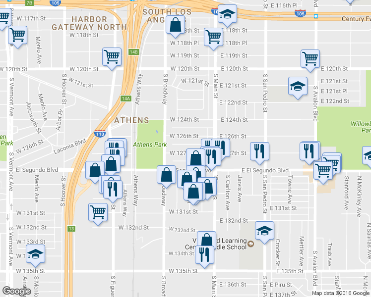 map of restaurants, bars, coffee shops, grocery stores, and more near 211 West 127th Street in Los Angeles