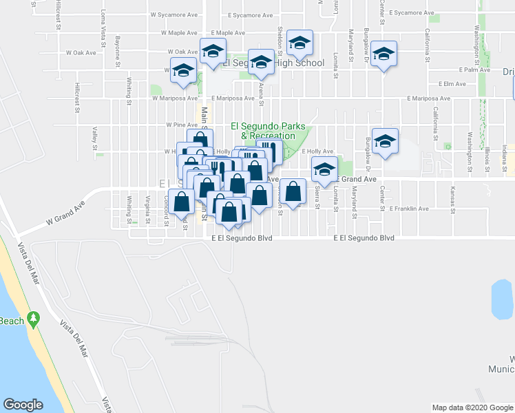 map of restaurants, bars, coffee shops, grocery stores, and more near 308B East Franklin Avenue in El Segundo
