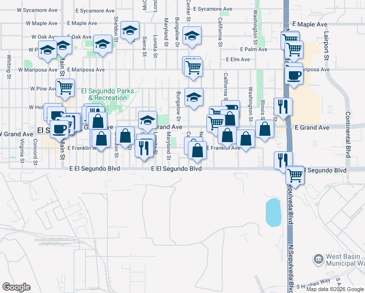 map of restaurants, bars, coffee shops, grocery stores, and more near 1001 East Franklin Avenue in El Segundo